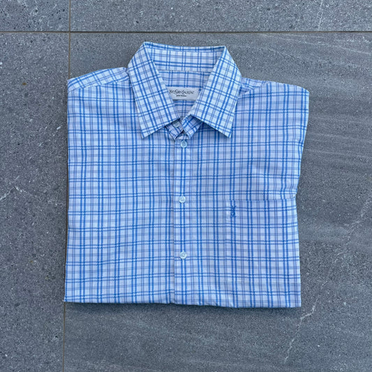 YSL Blue Short Sleeve Checkered Shirt - M