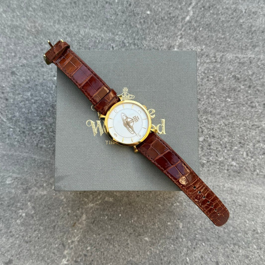 Vivienne Westwood Gold & Mahogany Leather Orb Watch